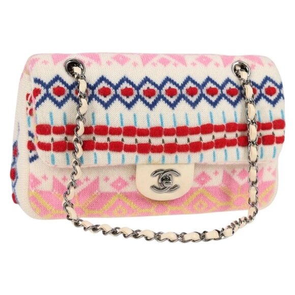 CHANEL Chain Shoulder Bag Knitted Fabrics White Silver CC Auth 128556M - Picture 1 of 16